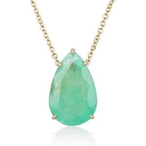 9.83 Carat Impressive Large Pear Cut Colombian Emerald Stationary Necklace 14K - Picture 1 of 9