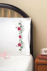 Stamped Embroidery ~ Design Works Rose Vine Floral PILLOWCASE PAIR #T232153 - Picture 1 of 5