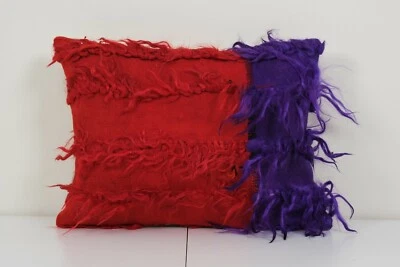 Woven Turkish Wool Shaggy Kilim Pillow Cover, Shag Carpet Cushion 16" x 20'' - Image 1 of 4