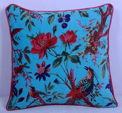Turquoise Velvet Pillow Case Bird Decorative Throw Floor Indian Cushion Cover - Image 1 of 4