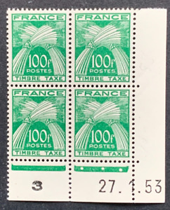 Coin daté timbre taxe YT 89 signé Calves 1946/55 type Gerbe 100F neuf**. 3 scans