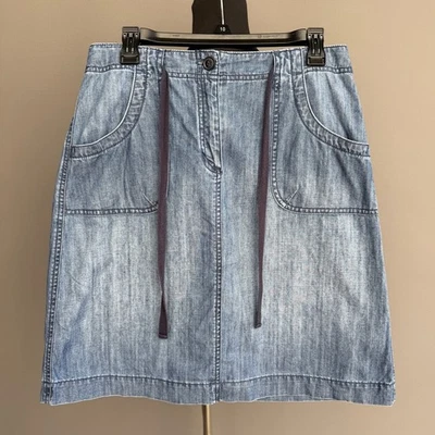 Talbots denim knee length skirt - tie waist - zip fly - cotton - blue - size 8 - Image 1 of 4