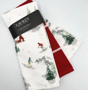 Ralph Lauren Weihnachten Winter Skifahren Küche Geschirrtücher Baumwolle 3er Set Neu mit Etikett - Bild 1 von 5
