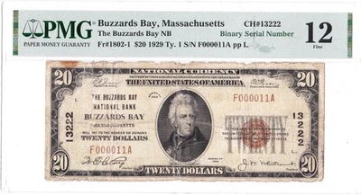 $20 1929 T1 National BUZZARDS BAY Massachusetts MA 🇺🇸 Fancy Binary Serial # - Image 1 of 2