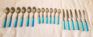 Vintage Edelstahl blau Acryl Griff mit Blasen Besteck Set 18 Teile - Bild 1 von 12