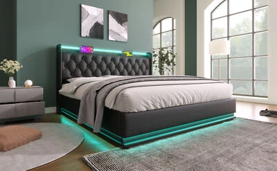 Cama tapizada completa/doble/queen/rey con sistema de almacenamiento hidráulico, carga LED USB Foto 1 de 4