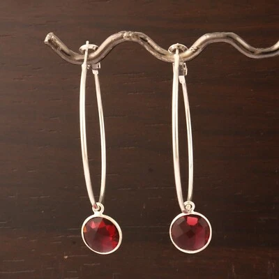 Checker Cut Round Stone Ruby Quartz Silver Plated Hoop Bali Earrings For Her   - Image 1 of 3
