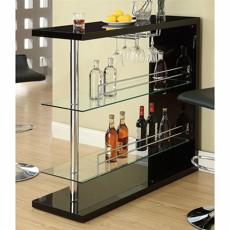 Bar Table With Two Shelves and Wine Holder in Gloss Black by Coaster 100165