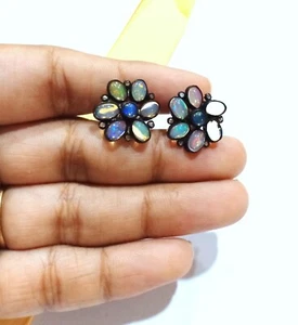 White Fire Opal Pave Diamond 925 Silver Earrings Handmade Victorian Jewelry - Picture 1 of 11
