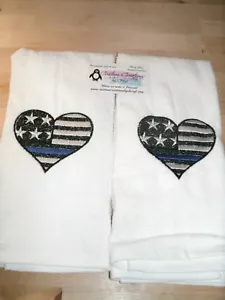 Police Heart Flag Thin Blue Line Personalized Dish Kitchen Hand Towels - Picture 1 of 1