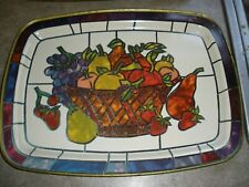 Vintage Made to Look Like Stained Glass Metal Tray 11" x 15" BASKET OF FRUIT