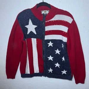 Vintage Tiara International Sz Medium American Flag Zip Up Sweater Patriotic USA - Picture 1 of 13