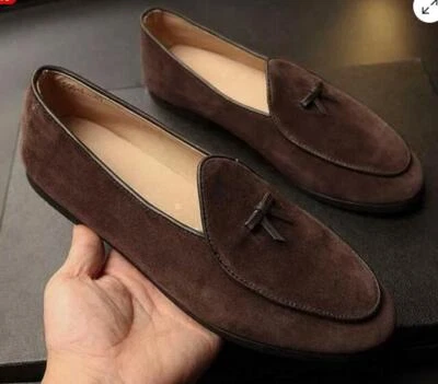 Men's suede Leather Slippers Loafers Slip on Bowtie Belgian Dress Shoes  - Photo 1/4
