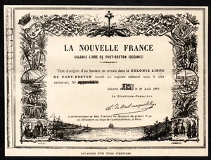 DOCUMENT DE 1883  --  FAC SIMILE D UN TITRE D HECTARE COLONIE PORT BRETON 3T124 - Bild 1 von 1