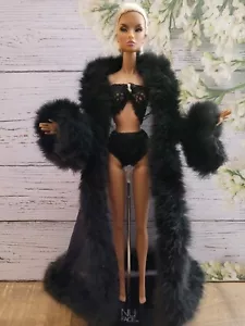Fashion Royalty Nuface Black 3 Piece Underwear Set Robe with Fur Handmade A1 - Picture 1 of 16