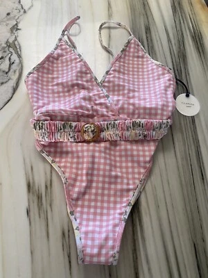 Tularosa Women's High Cut Pink Floral Gingham One Piece Swimsuit Size Medium - Image 1 of 4