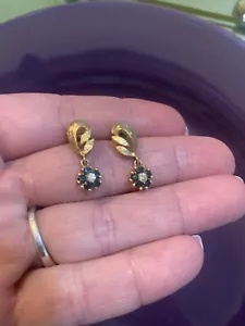 Sapphire and Diamond Flowers Dangle Drop Earrings Simulated Stones - Picture 1 of 6