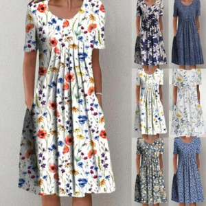 Women Floral Crew Neck Short Sleeve Midi Dress Ladies Loose Pocket Pleated Dress - Picture 1 of 12