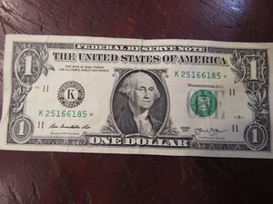 2013 $1 ONE DOLLAR BILL STAR NOTE SERIAL NUMBER K25166185* WASHINGTON - Picture 1 of 2