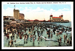 ATLANTIC CITY, Bathing Scene Showing Garden Pier & Hotels--Postcard G364 - Picture 1 of 2