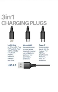 Cable de carga cargador USB 3 en 1 multi cabezal para la mayoría de los dispositivos - color negro - Imagen 1 de 2