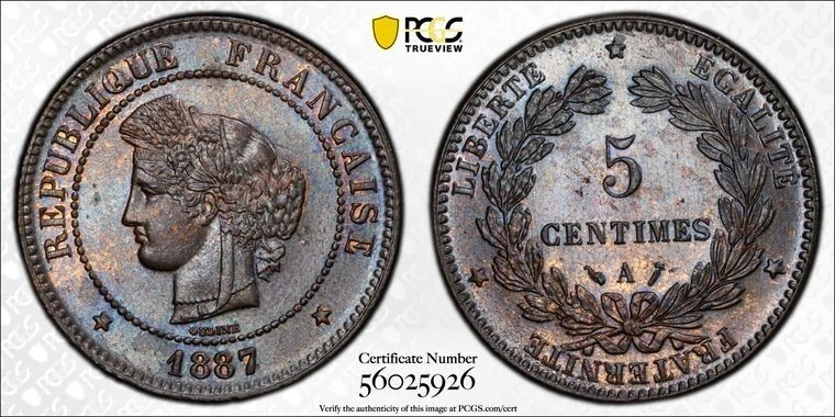 1887-A France 5 Centimes PCGS MS64BN Lot#G106 Choice UNC! Gad#157a - Image 1 of 4