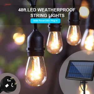 Solar Power/Plug-in 15 LED 48FT Festoon String Lights Patio Wedding Party IP65 - Picture 1 of 11