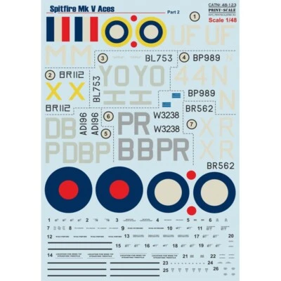 Spitfire Mk V Аces Part-2 Decals 1:48 PS 48-123 for Aircraft Plastic model kit - Image 1 of 3