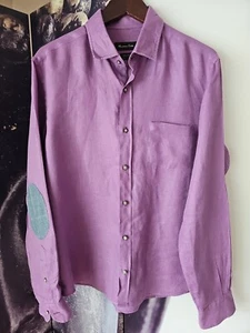 Massimo Dutti Men Button Front Long Sleeve Size L Purple Linen Elbow Pads - Picture 1 of 6