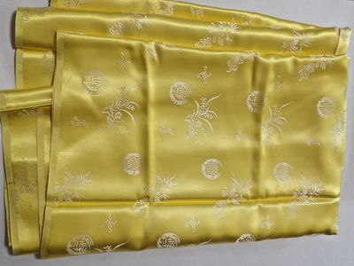 vintage Silk Fabric yellow gold  32” wide X 154" Long Floral brocade shiny - Image 1 of 2