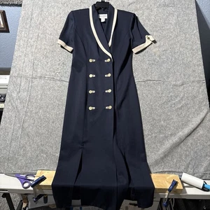 Vintage Danny & Nicole Navy Nautical Midi Dress Gold Buttons Sz 8 Made USA - Picture 1 of 8