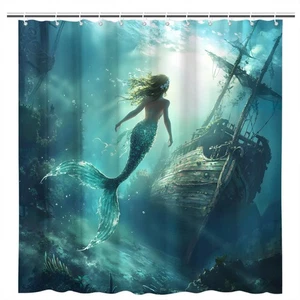 Mermaid Shower Curtain Nautical Vintage Sailboat Sailing Pirate Ship Fantasy ... - Picture 1 of 6
