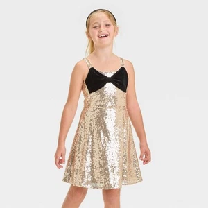 Girls' Sleeveless Sequin Skater Velvet Bow Dress - Cat & Jack Gold - Picture 1 of 9