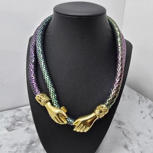 "Collar vintage DL Auld Designer azul púrpura malla mano y estrás tono dorado 38""" - Imagen 1 de 6