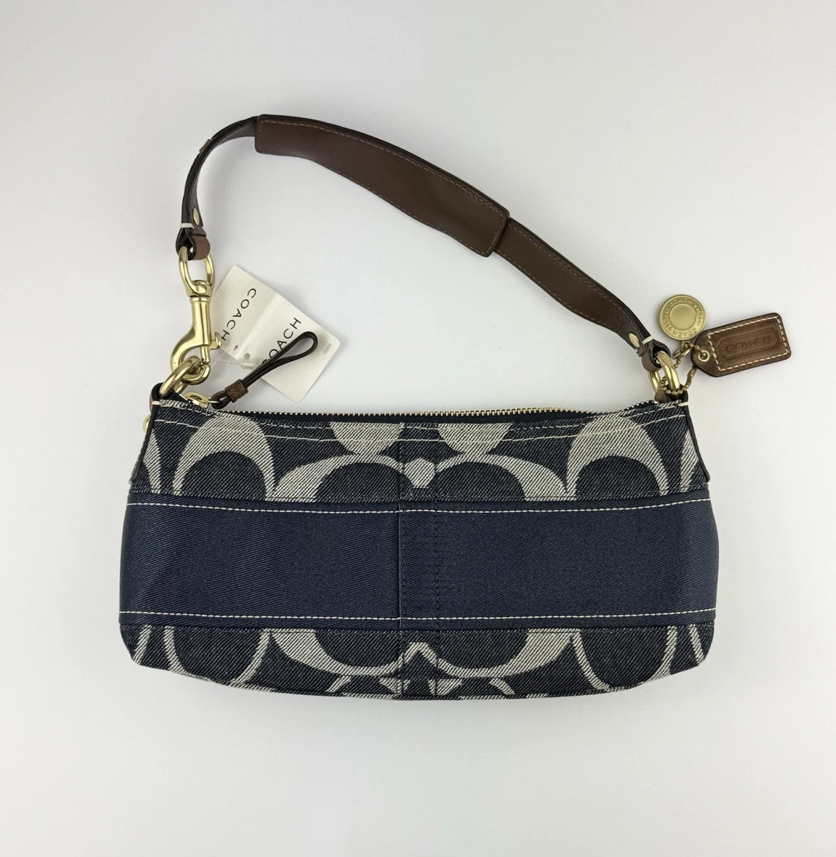 バッグ Coach Denim Signature Shoulder Bag y2k NICE Coach Vtg Y2K Denim Patchwork Whiskey Leather Trim Shoulder