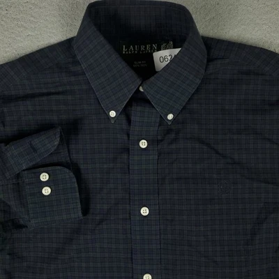 Ralph Lauren 男式衬衫 15.5 绿色紫色格子连衣裙纽扣长袖 — 第 1/4 张图片