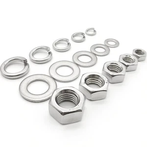 M1-M24 304 Stainless Steel Hex Hexagon Nut Flat Plain Spring Split Lock Washer - Picture 1 of 10