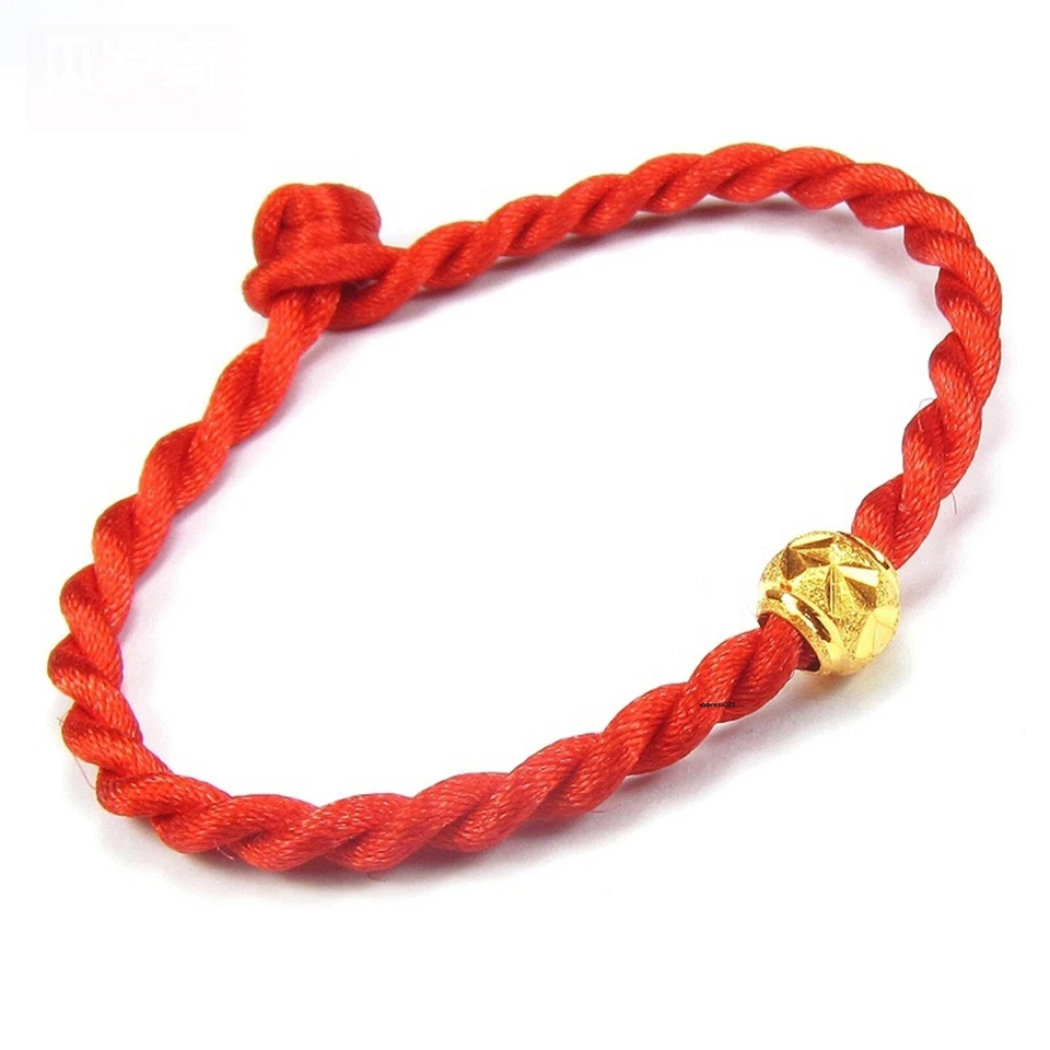 Pure 999 24k Yellow Gold Round Bead Red Cord String Braided Twist Bracelet 0.35g - Image 1 of 4