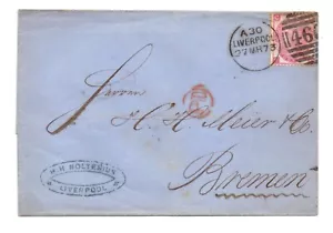 ENVOLTURA 1873 Liverpool - ALEMANIA FRANQUEADO 3d PLATO ROSA 10 - Imagen 1 de 2