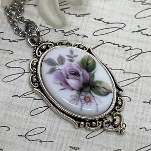 Mauve Rose Silver Heart Frame Necklace Pendant Mom Daughter Gift Wife Lilac new - Picture 1 of 9