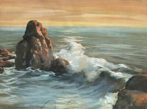 Antique realist gouache painting seascape - Imagen 1 de 12