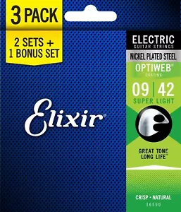 ELIXIR OPTIWEB 9-42 NICKEL PLATED 16550 ELECTRIC GUITAR STRING 3 SET PACK - Picture 1 of 3