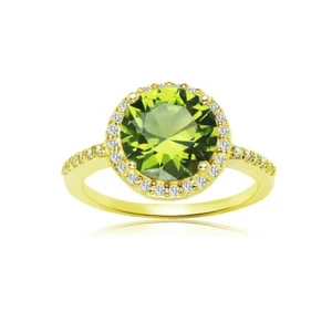 Round Halo Simulated Peridot & Cubic Zirconia Ring in Gold Plated Silver, Size 5 - Picture 1 of 4