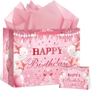 Pink Rose Gold Party Supplies - Gift Bag with Wrapping Paper and Card for Birthd - Picture 1 of 7