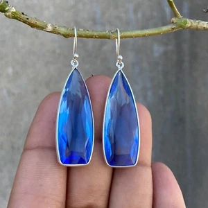925 Sterling Silver Blue Earring Emerald Glass Earring - Picture 1 of 6