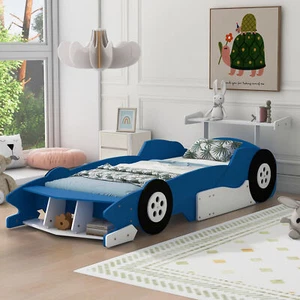 Twin Size Race Car-Shaped Platform Bed Wheels,Blue - Picture 1 of 19