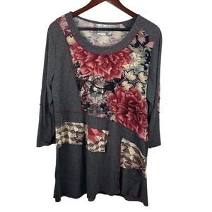 Parsley & Sage Size XL Gray Maroon Floral Patchwork 3/4 Sleeve Tunic Top Art - Picture 1 of 8