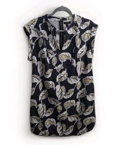 J CREW Tropical Frond Navy White Yellow Print Linen Shift Dress SZ M Linen Blend - Picture 1 of 13