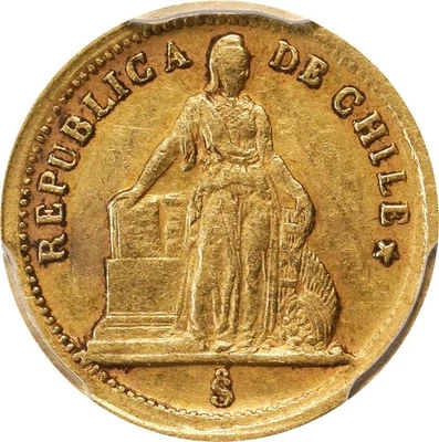 Чили золото 1 песо 1861-So PCGS AU-50, Сантьяго монетный двор. Малый тираж 176 000 штук. Редкий товар! - Изображение 1 из 4