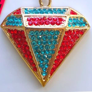 Betsey Johnson Diamant Anhänger Halskette Rot Blau Gold Strass Schmuck - Bild 1 von 8